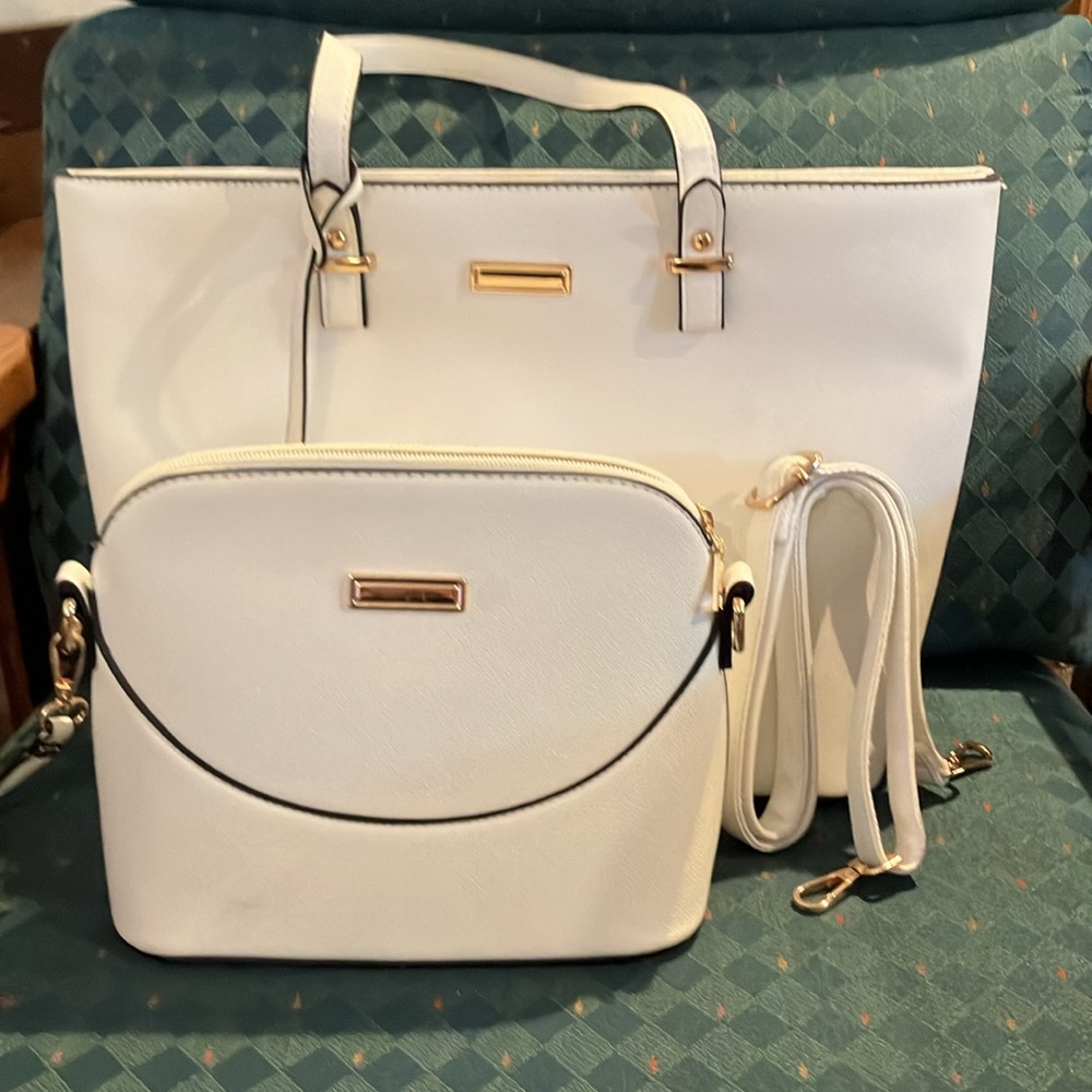 Set of Two White Double Handle Shoulder Purse and Clutch or Shoulder Strap